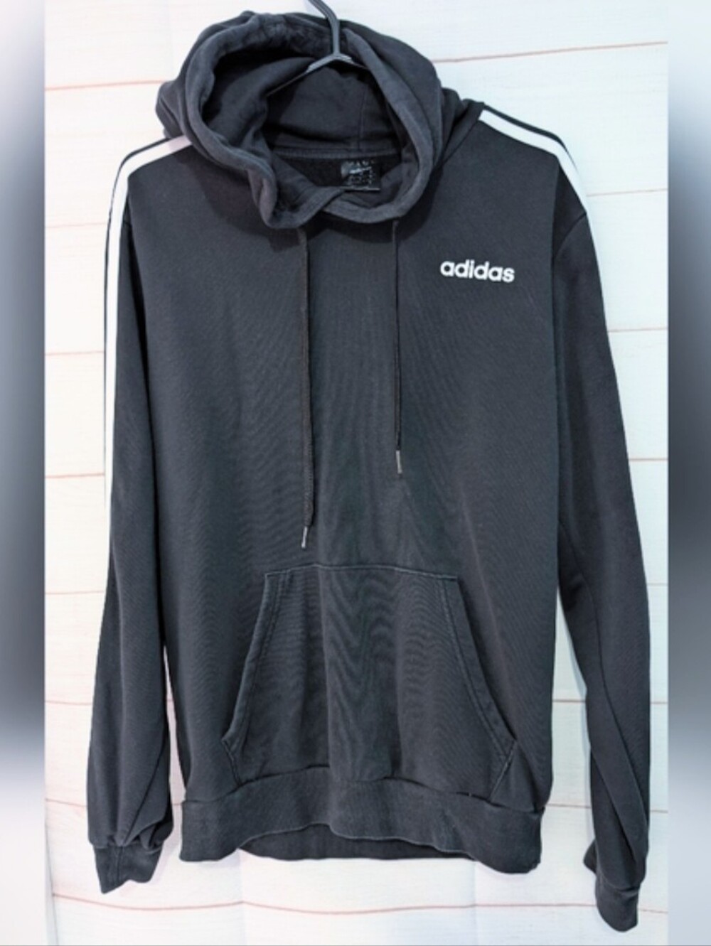 Guc Adidas Black Kangaroo Pocket Hoodie With Classic White 🤍 Stripes Size Small